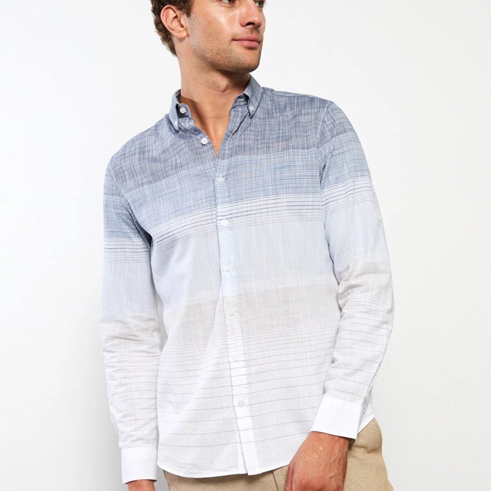 100% cotton Button Down Shirt with Horizontal Stripes and Gradient Print Sise L